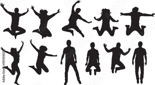 Silhouettes of people jumping in various dynamic poses together
