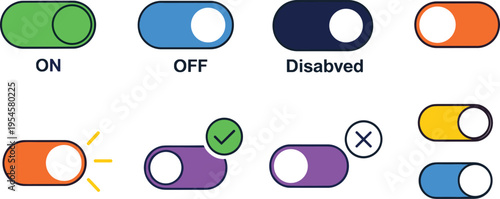 Toggle Switch UI Button Vector Set Featuring On Off States, Disabled Mode, Check and Close Indicators, and Modern Interface Control Elements for App Design