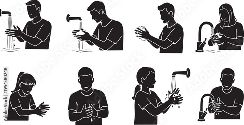 Silhouette of people washing hands at a sink station