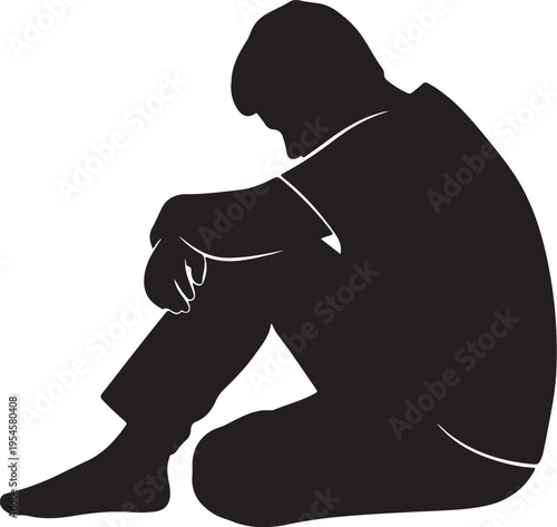 Sad Man Sitting Alone in Dark Silhouette on White