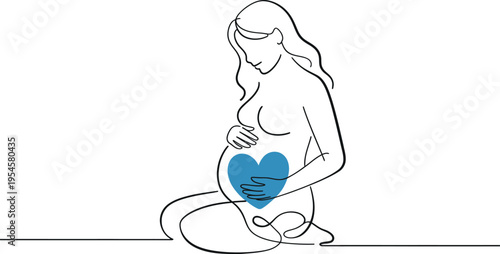 Continuous line art vector illustration of a pregnant woman holding her belly with a blue heart, symbolizing maternity, love, and new life, ideal for health, family, or medical designs.