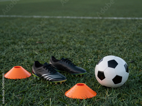 Wallpaper Mural Soccer Training Equipment with Ball Cones and Shin Guards on Grass Field Torontodigital.ca