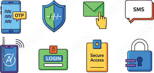 Two Factor Authentication and Secure Login Vector Icon Set Featuring OTP Verification, SMS Code, Email Access, Mobile Security, and Digital Protection Illustration