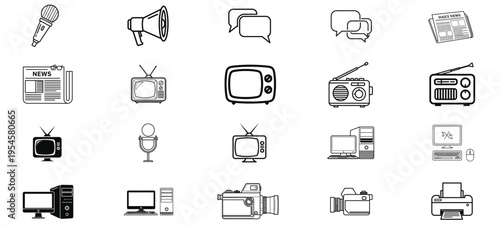 Collection of vintage media and communication devices icons
