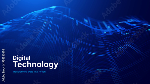 Technology Big Data Flow Background with AI Particles and Digital Stream Lines. Futuristic Data Science Concept. Tech Business Presentation or Annual Report Template. Vector Illustration.