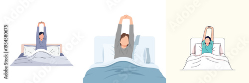 Minimalist flat vector illustration set of a person stretching arms after waking up in bed, morning lifestyle routine, no outline