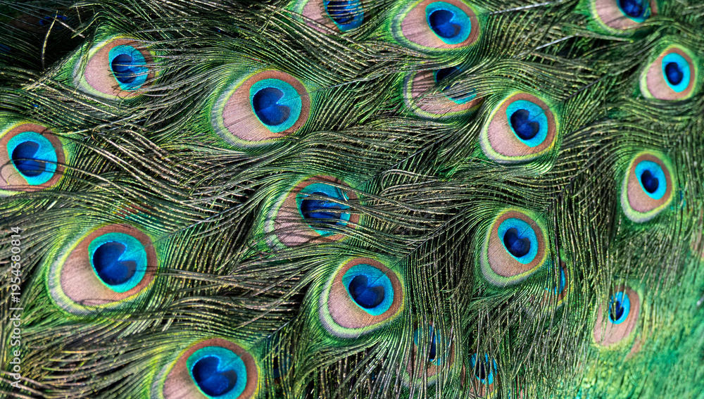 Fototapeta premium Peacock feather pattern, bright green - blue bird tail texture