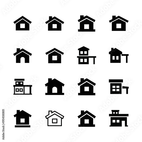 Comprehensive collection of flat black house icons on a white background for property, real estate, and residential concepts.