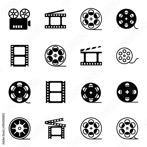Cinematography and Film Making Icon Collection with Reels, Strips, and Video Camera Symbols in Flat Black Silhouette Style