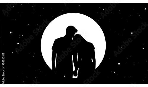 Minimalist Loving Couple Moon and Stars Silhouette Vector Art