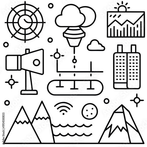 An infographic of diverse elements representing various concepts of environment and technology in a modern and streamlined fashion, with clean lines and a monochromatic aesthetic.