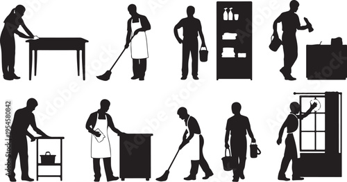 Silhouettes of people cleaning and doing household chores daily