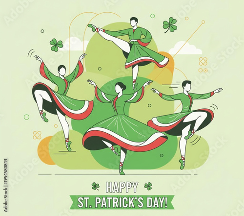 Graceful dancers in traditional green attire perform a festive routine, celebrating the joyous spirit of St. Patrick's Day with shamrocks and vibrant Irish-inspired motifs