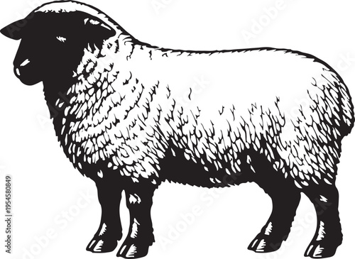 Black and White Sheep Illustration Standing Facing Left with Detailed Wool Texture