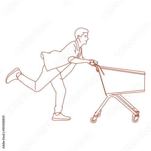 man rushing forward with a shopping cart.eps
