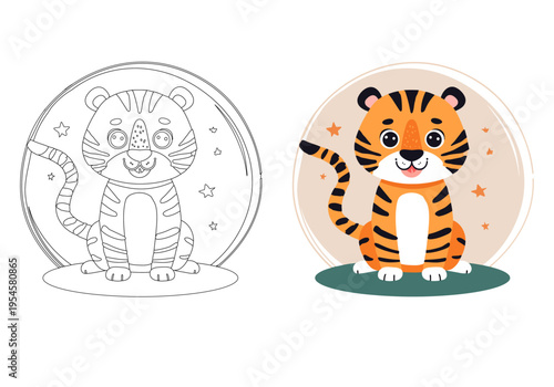 可愛いトラのイラストセット、カラー版と塗り絵用線画、ベクター素材