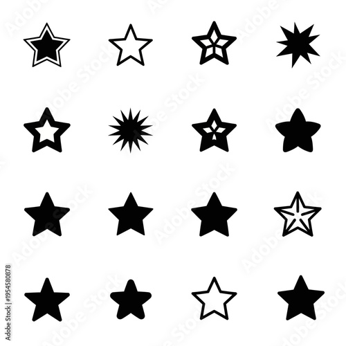 Collection of Sixteen Different Black Star Icon Designs and Symbols Isolated on a Plain White Background