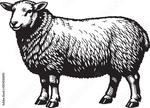 Black and White Sheep Illustration Standing Profile View Farm Animal