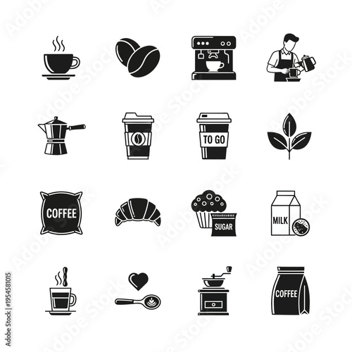 Set of Sixteen Coffee Shop and Barista Icons Including Espresso Machine, Beans, Moka Pot, and Pastries