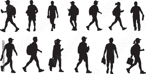 Silhouettes of people walking in various poses and outfits