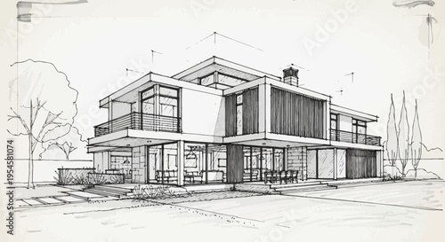 Modern Residence Architectural Sketch Showing Contemporary Design and Exterior View