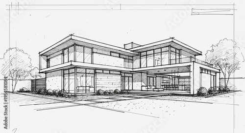 Architectural sketch of a modern contemporary home design with large windows and clean lines
