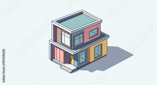 Isometric depiction of a modern two-story residential building with vibrant, contrasting color panels and large windows, set against a plain background