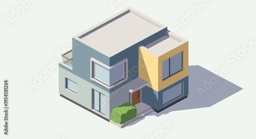 Isometric illustration of a sleek, contemporary residential house showcasing modern architectural design elements and clean lines, perfect for urban development concepts and property design