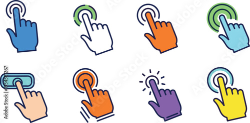 Touch Gesture Hand Cursor Vector Set Featuring Tap Click Actions, Finger Press Icons, Mobile Interaction, and User Interface Input Illustration Collection