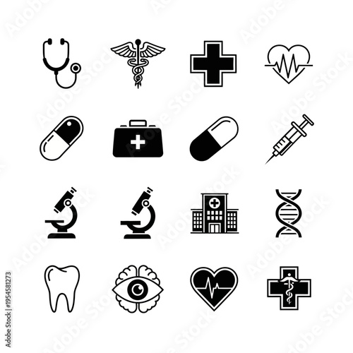 Collection of Black and White Medical Icons for Healthcare, Science, and Hospital Services Design Elements