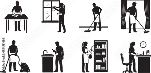 Cleaning services and janitorial work illustrations in black silhouettes
