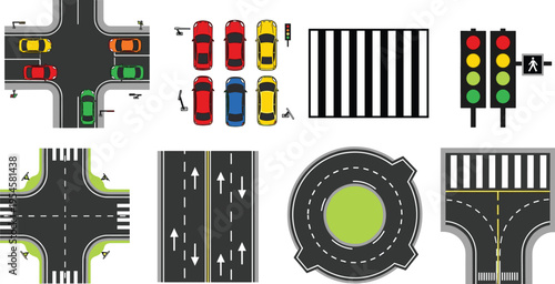 Urban Traffic Road Elements Vector Set Featuring Crossroads, Roundabout, Pedestrian Crossing, Traffic Lights, Cars, and Street Infrastructure Illustration for City Map Design