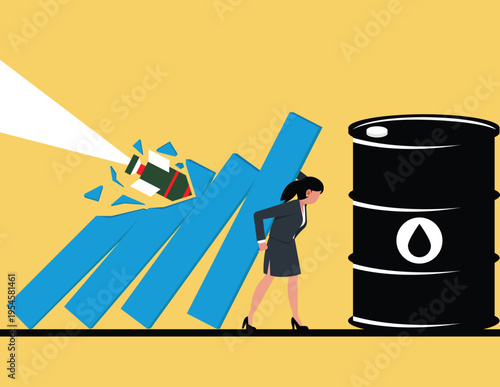 Protect the price of oil or commodities. Defensive stock in economy crisis or market crash. Businesswoman struggling to hold up a falling bar graph