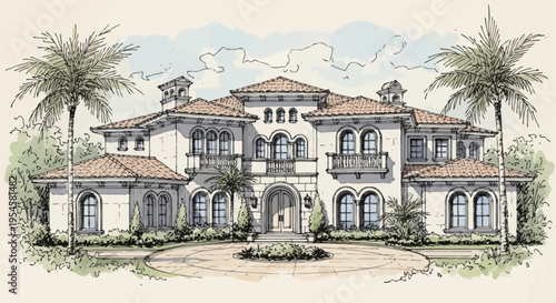 Luxurious Mediterranean-style villa with manicured palm trees and elegant architectural details, a dream home
