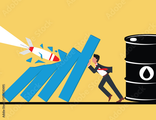 Protect the price of oil or commodities. Defensive stock in economy crisis or market crash. Businessman struggling to hold up a falling bar graph