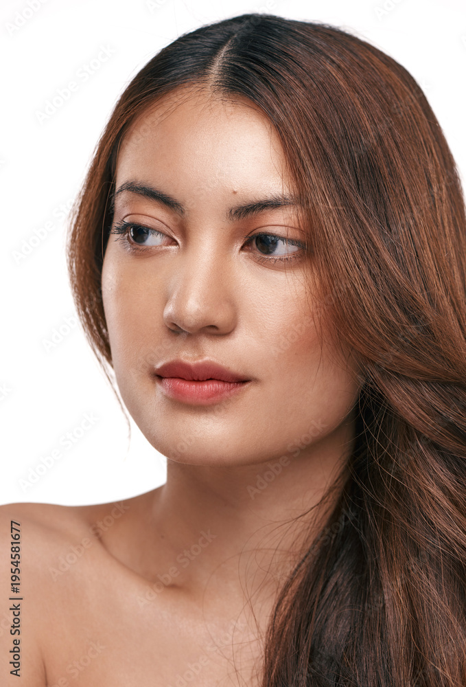 Fototapeta premium Thinking, hair care and woman in studio, beauty and dermatology isolated on white background. Healthy skin, cosmetics and person with texture, glow and keratin for growth, volume and aesthetic