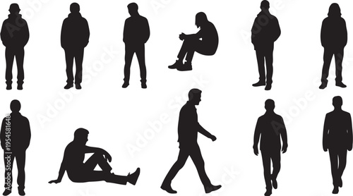 Silhouettes of people in various poses and actions