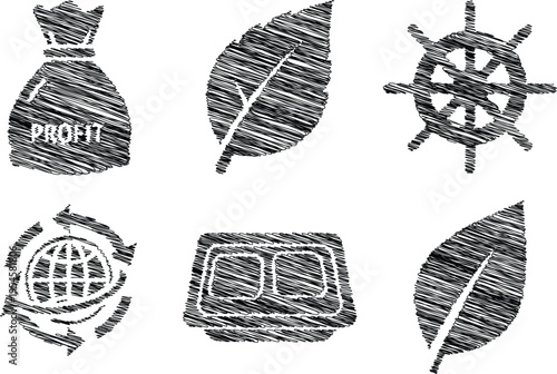 Eco friendly business icons in sketchy style with black and white coloring on clean white background for finance and sustainability