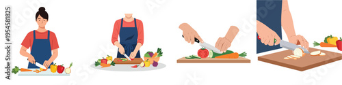 Minimal flat vector illustration of a person cutting vegetables on a kitchen board, home cooking lifestyle scene, no outline, white background