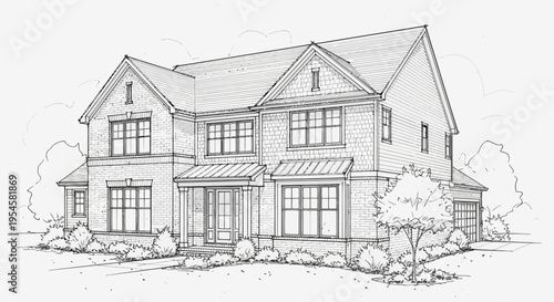 Detailed architectural line drawing of a modern two-story suburban family home with an attached garage, featuring classic design elements and surrounding landscaping
