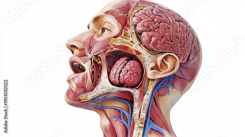 Oral, Head and Neck Cancer Awareness Week:medical illustration of a human head and neck cross-section anatomy, showing lymph nodes, salivary glands, thyroid, oral cavity and throat structures