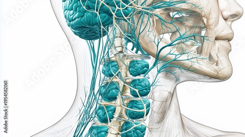 Oral, Head and Neck Cancer Awareness Week:medical illustration of the human cervical lymphatic system, detailed lymph node chains along the neck, transparent skin layer revealing inner structures