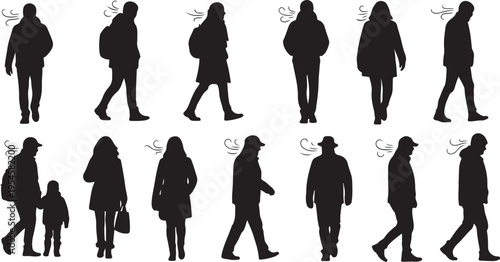 Silhouettes of people walking in various poses and outfits