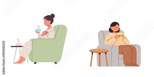 A person relaxing while drinking warm tea on chair, minimal flat vector illustration set, calm lifestyle moment, soft colors, no outline, white background