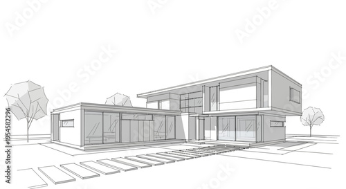 Architectural sketch of a minimalist modern home design, showcasing a contemporary residential structure with clean lines and large windows, ideal for real estate and design concepts