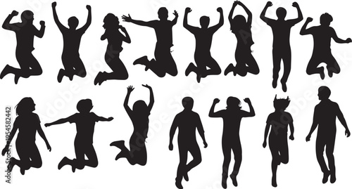 Silhouettes of people jumping in various dynamic poses together