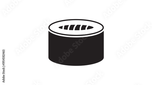 Sushi roll icon with black and white simplicity, representing Japanese cuisine and Asian food featuring rice, nori, fish with seafood and makizushi