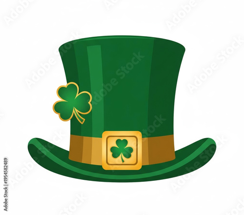 A St. Patrick's Day green top hat adorned with lucky shamrock emblems and a golden band, perfect for festive celebrations and Irish-themed events