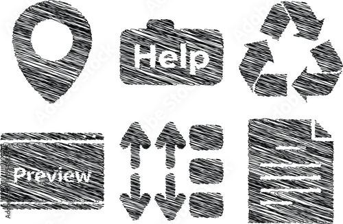 Grunge icons set with help, preview, recycle and map symbols in black and white color for web design