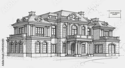 A grand architectural sketch of a luxurious classical mansion with ornate details, showcasing its imposing facade and elegant design